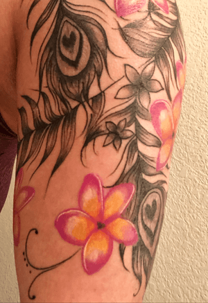 Continuation of my first tattoo from my back to a half-sleeve. Plumeria flowers with black/grey peacock feathers and jasmine flowers. 
