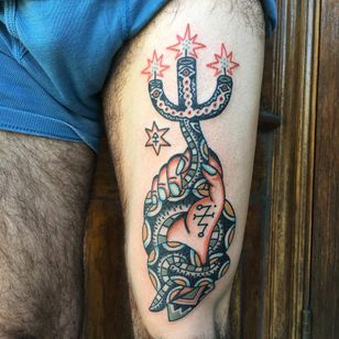 Tatuaje de Henry Hablak #HenryHablak # Folk Traditional #color #illustrative # hand # snake # candle # candlestick #symbols # pattern #seal