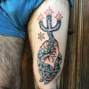 Tattoo by Henry Hablak #HenryHablak #folktraditional #color #illustrative #hand #snake #candles #candlestick #symbols #pattern #sigil