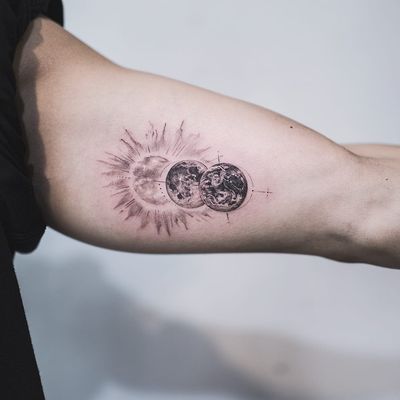 Tattoo by Nando #Nando #spacetattoos #planet #earth #sun #space #blackandgrey #realistic #realism #stars #dotwork #fineline