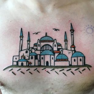 Tattoo by Henry Hablak #HenryHablak # FolkTraditional #color #illustrative #building #castle #citadel #architecture #travel #birds #towers #hagiasofia #mosque