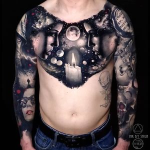 Tattoo by Saga Anderson #SagaAnderson #spacetattoos #blackandgrey #space #galaxy #solarsystem #stars #portrait #lady #candle #light
