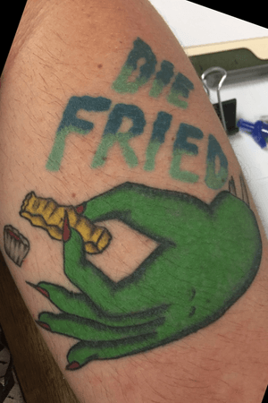 Die fried severed hand holding a french fry. Bright neo traditional. 