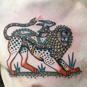 Tattoo by Henry Hablak #HenryHablak #folktraditional #color #illustrative #lion #pattern #snake #mashup #strange #surreal