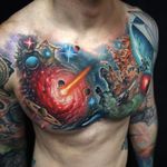 Tattoo by Andrés Acosta #AndresAcosta #acostattoo #spacetattoos #color #realism #realistic #hyperrealism #shootingstar #comet #planets #stars #milkyway #galaxy #solarsystem