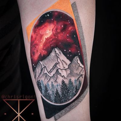 Tattoo by Chris Rigoni #ChrisRigoni #spacetattoos #realism #realistic #linework #illustrative #dotwork #abstract #mountains #forest #glaxy #space #stars #sky #landscape #mashup