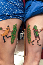 Matching rick and morty tattoos done on a couple on the side of the thigh #rickandmortytattoo #matchingtattoos #pickle #bananatattoo 