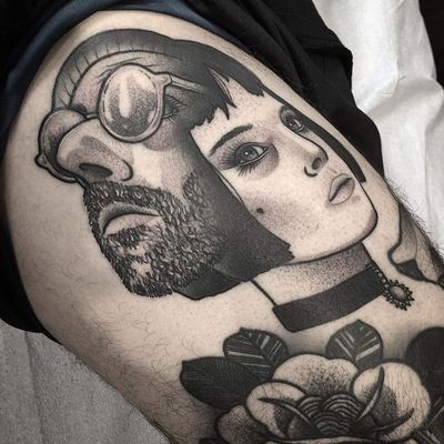 Tattoo by ShawnTriple6 #ShawnTriple6 #leontheprofessionaltattoos #LeonTheProfessional #movietattoos #film #leon #Mathilda #blackandgrey #neotraditional #rose #portait