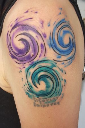 #AbstractWatercolor still fresh (writing is an old tatt, worked in to new). #spiraltattoo #triskelion 