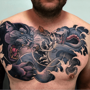 #neotraditional #chestpiece #oriental #artwork #color #snake #cat 