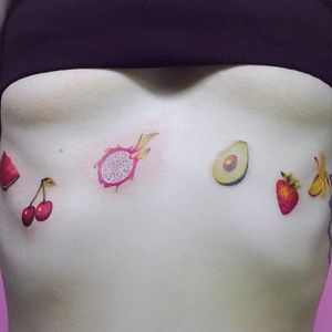 Tattoo by Ilona Kochetkova aka aknowi aka Tattoo Minsk #IlonaKochetkova #aknowi #fruittattoo #color #watercolor #realism #realistic #watermelon #cherries #dragonfruit #avocado #strawberry #banana #food
