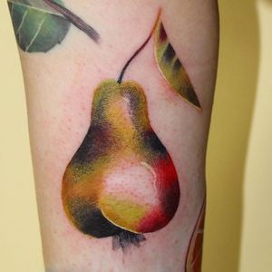 Tattoo by Ann Lilya #AnnLilya #fruitattoo #color #watercolor #painterly #pear #leaf #nature #fruit #food #pretty