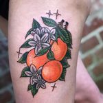 Tattoo by Ronja Block #RonjaBlock #fruittattoos #color #traditional #oranges #orangeblossom #leaves #fruit #food #stars #sparkle