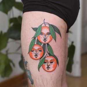 Tattoo by Patryk Hilton #PatrykHilton #fruittattoo #color #illustrative #cute #oranges #portrait #leaves #nature #foodtattoo