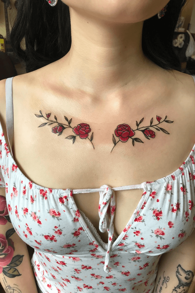 Traditional Rose Tattoo on Chest by Connor Getzlaff