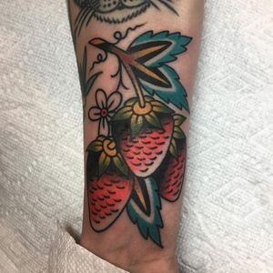 Tattoo by Dave Halsey #DaveHalsey #fruittattoo #fruit #color #traditional #leaves #strawberry #berry #food #flowers #nature