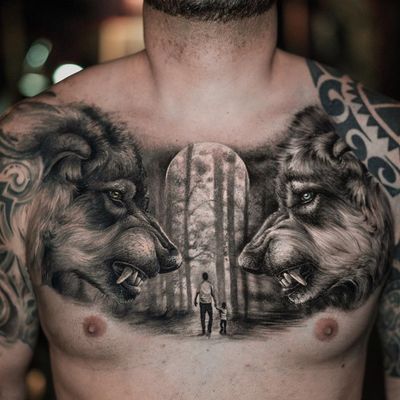 Tattoo by Yomico #Yomico #hyperrealism #realism #realistic #wolf #animal #forest #family 