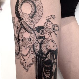 Tattoo by Lolita #Lolita #lalolitaducrime #snaketattoo #blackwork #illustrative #linework #fineline #snake #reptile #animal #girl #lady #death