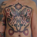 Tattoo by Andrei Vintikov #AndreiVintikov #snaketattoo #traditional #color #stars #snake #reptile #butterfly #wings #eyes #leaves #nails #chestpiece #torsopiece
