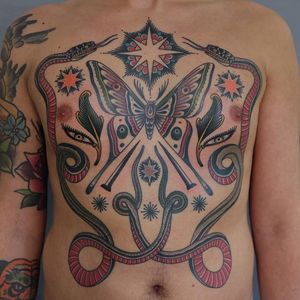 Tattoo by Andrei Vintikov #AndreiVintikov #snaketattoo #traditional #color #stars #snake #reptile #butterfly #wings #eyes #leaves #nails #chestpiece #torsopiece