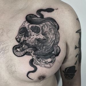 Tattoo by Vanpira #Vanpira #vanpriegonova #snaketattoo #blackwork #linework #illustrative #skull #death #snake #reptile #animal #nature