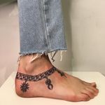 Tattoo by Nina Chwelos #NinaChwelos #illustrative #linework #fineline #anklet #sun #spider #snake #jewelry #ornamental #chain