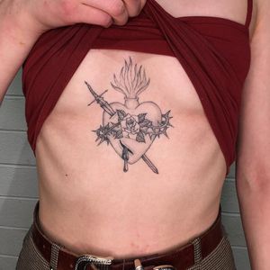 Tattoo by Nina Chwelos #NinaChwelos #illustrative #linework #fineline #sacredheart #rose #fire #sword #thorns