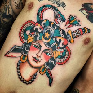 Tattoo by Josh Bovender #JoshBovender #snaketattoo #traditional #color #portrait #ladyhead #lady #snake #reptile #butterfly #sword #moon #star