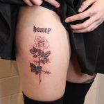 Tattoo by Nina Chwelos #NinaChwelos #illustrative #linework #fineline #text #lettering #oldenglish #rose #barbedwire #leaves #flower #floral #thorns #nature