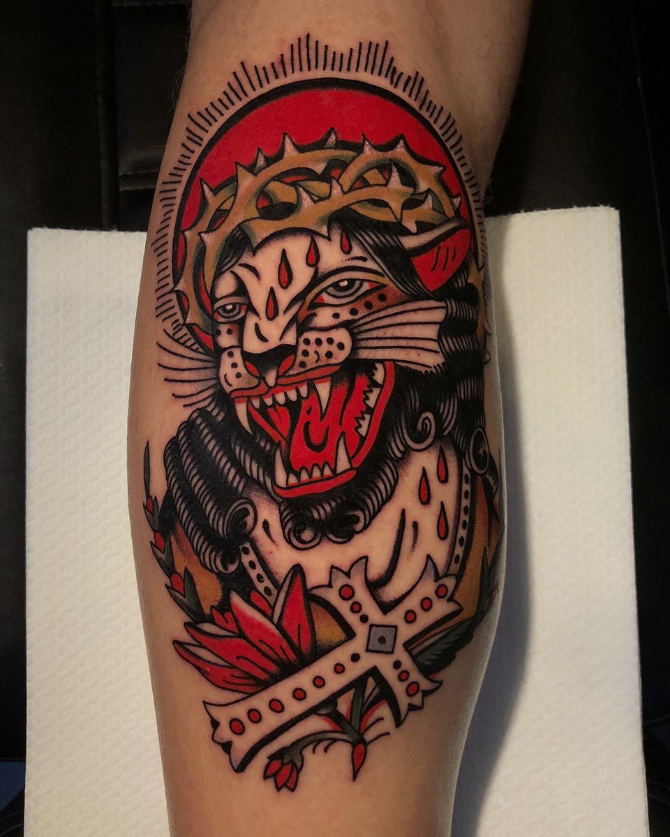 Tattoo uploaded by Bob Geerts • Panther jesus on the man Sjors, thanks buddy! Done @trueblue_tattoo #truebluetattoo #panther #jesus #color #traditional • Tattoodo Tattoo uploaded by Bob Geerts • Panther jesus on the man Sjors, thanks buddy! Done @trueblue_tattoo #truebluetattoo #panther #jesus #color #traditional • Tattoodo