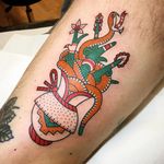 Tattoo by pandidotattoo #pandidotattoo #pddtattooing #snaketattoo #color #folktraditional #snake #vase #plant #nature #reptile #pattern