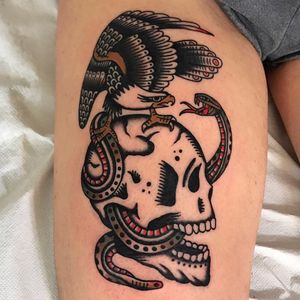 Tattoo by Francesco Ferrara #FrancescoFerrara #snaketattoo #color #traditional #snake #reptile #skull #eagle #death #nature #animal
