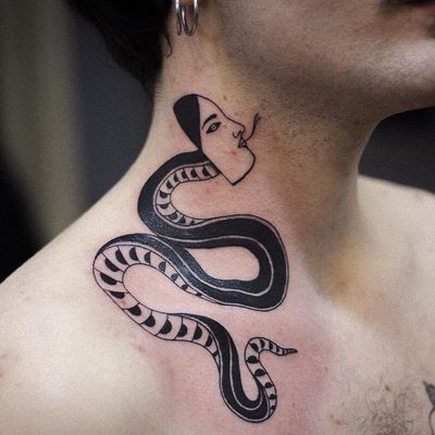 Tattoo by Vincent Denis #VincentDenis #snaketattoo #blackwork #snake #reptile #necktattoo #animal #nature #face #portrait