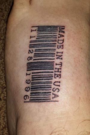 First tattoo, barcode with my birthdate Done by Benjamin D