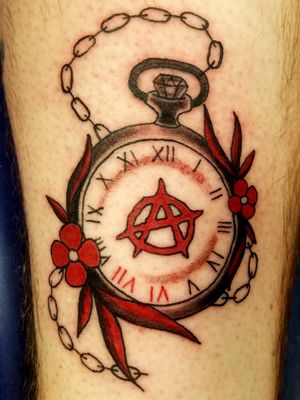 Pocket watch with Anarchy 'A' and time of birth. Done by Shawn B during apprenticeship
