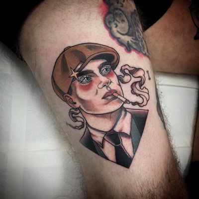 Tattoo by Liz Clements #LizClements #smokingtattoo #color #neotraditional #PeakyBlinders #smoking #cigarette #portrait #star #CillianMurphy #TommyShelby