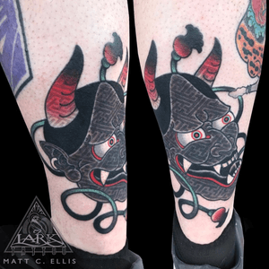 Lark Tattoo artist Matt C. Ellis has started fusing traditional Japanese imagery with geometric designs. See more of Matt's work here: http://www.larktattoo.com/long-island-team-homepage/matt/.. . . .#colortattoo #Japanese #Japanesetattoo #oni #onitattoo #onimask #onimasktattoo #devil #deviltattoo #devilmask #devilmasktattoo #Japanesefolklore #Japanesefolkloretattoo #geometric #geometrictattoo #tattoo #tattoos #tat #tats #tatts #tatted #tattedup #tattoist #tattooed #inked #inkedup #ink #tattoooftheday #amazingink #bodyart #tattooig #tattoosofinstagram #instatats  #larktattoo #larktattoos #larktattoowestbury #westbury #longisland #NY #NewYork #usa #art
