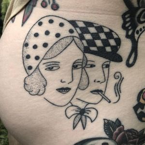 Tattoo by Jenna Bouma aka slowerblack #JennaBouma #slowerblack #smokingtattoo #stickandpoke #handpoke #nonelectrictattoo #dotwork #portrait #ladyhead #lady #bow #hat #pattern #cigarette #smoke