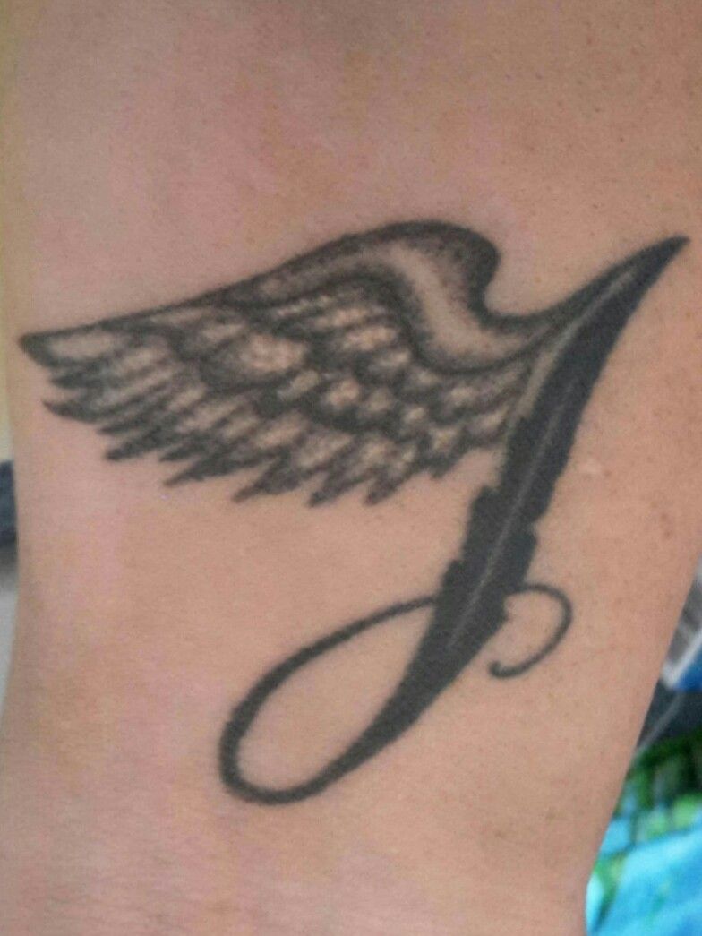 Tattoo uploaded by Tasha Pearson • Angels wing turning into a J. This is  memory of my Dad and my older Brother. • Tattoodo