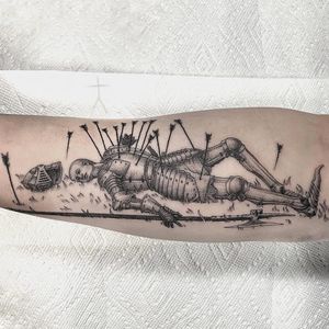 Tattoo by Christopher Jade #ChristopherJade #besttattoos #blackandgrey #illustrative #darkart #soldier #warrior #medieval #arrows #death #stsebastian #armor