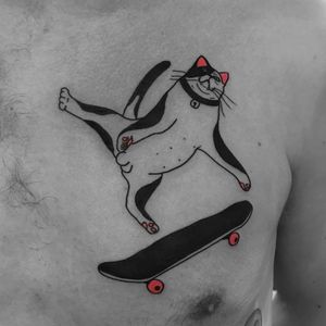 Tattoo by Noil Culture #NoilCulture #besttattoos #blackwork #pinkink #skateboard #skateordie #cat #cute #kitty #bell #funny