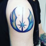 Next tattoo ! First color with galaxy effect ! On Star Wars symbol of the new order Jedi. #tattoo #lines #colortattoo #colorful #galaxytattoo #galaxy #starwarstattoo #starwars #jedi #orderjedi #blue #michiyo