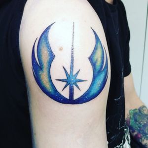 Next tattoo ! First color with galaxy effect ! On Star Wars symbol of the new order Jedi.#tattoo #lines #colortattoo #colorful #galaxytattoo #galaxy #starwarstattoo #starwars #jedi #orderjedi #blue #michiyo