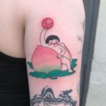 Tattoo by Mick Hee #MickHee #besttattoo #cute #peach #fruit #food #kid #lettering #portrait