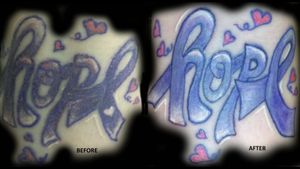 "Hope" cancer awareness tattoo before and after I fixed it.
