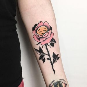 Tattoo by Ilya Shorokhov #IlyaShorokhov #besttattoos #traditional #newschool #mashup #emoji #sad #rose #flower #floral #leaves #thorns