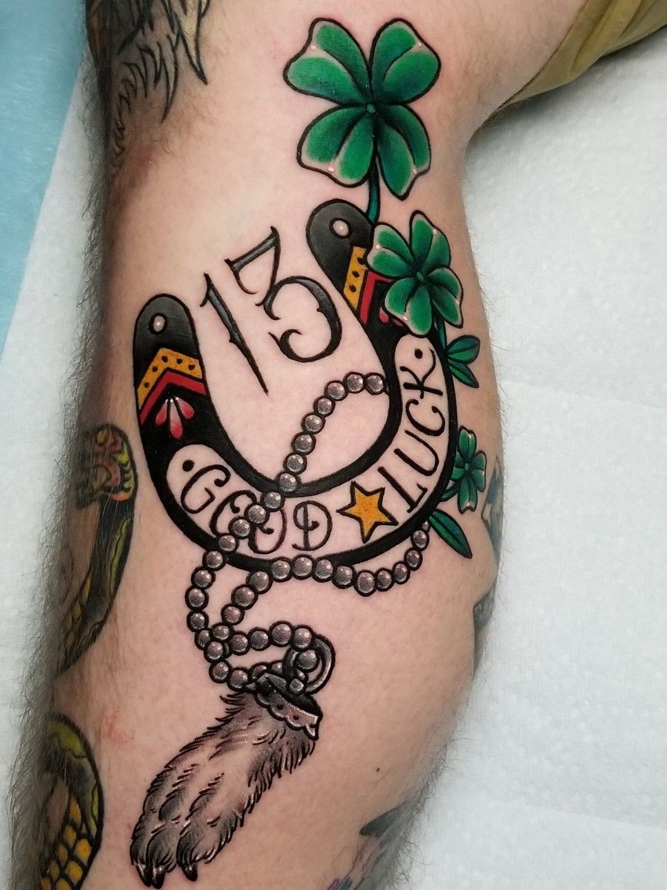 Tattoo uploaded by Shannon Gamerl • #goodluck #horseshoe #13 #luckythirteen #rabbitsfoot #luckyrabbitsfoot #talisman #neotraditional # AmericanTraditional #wearesorrymon #traditionaltattoo • Tattoodo