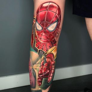 Iron Spider Tattoo por Alex Rattray #AlexRattray #realism #realistic #hyperrealism #portrait #popculture #IronSpider #Spiderman #MarvelComics #Marveltattoo #movietattoo #comicbook