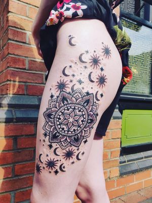 Beautiful Mandala style leg piece done down to a tee with adding my personal interests onto it to make it mine - Love 💖