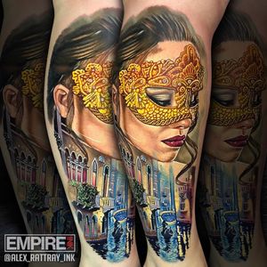 Scenes of Italy Tattoo by Alex Rattray #AlexRattray #realism #realistic #hyperrealism #portrait #ladyhead #lady #mask #landscape #buildings #architecture #gondola #water #Italy #Carnival